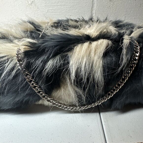 Mark  Avon Black Off White Faux Fur Tote Bag  Silver Chain Strap Handbag - Picture 4 of 9